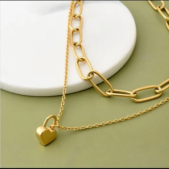 18K Gold Plated Layering Heart Lock Pendant Necklace - Picture 12 of 14